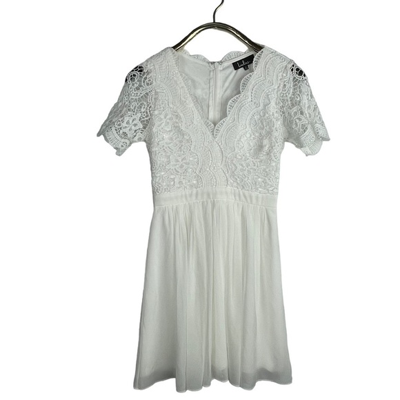 LULUS ANGEL IN DISGUISE FLORAL LACE SHORT SLEEVE CHIFFON SKIRT SKATER DRESS - Picture 4 of 13